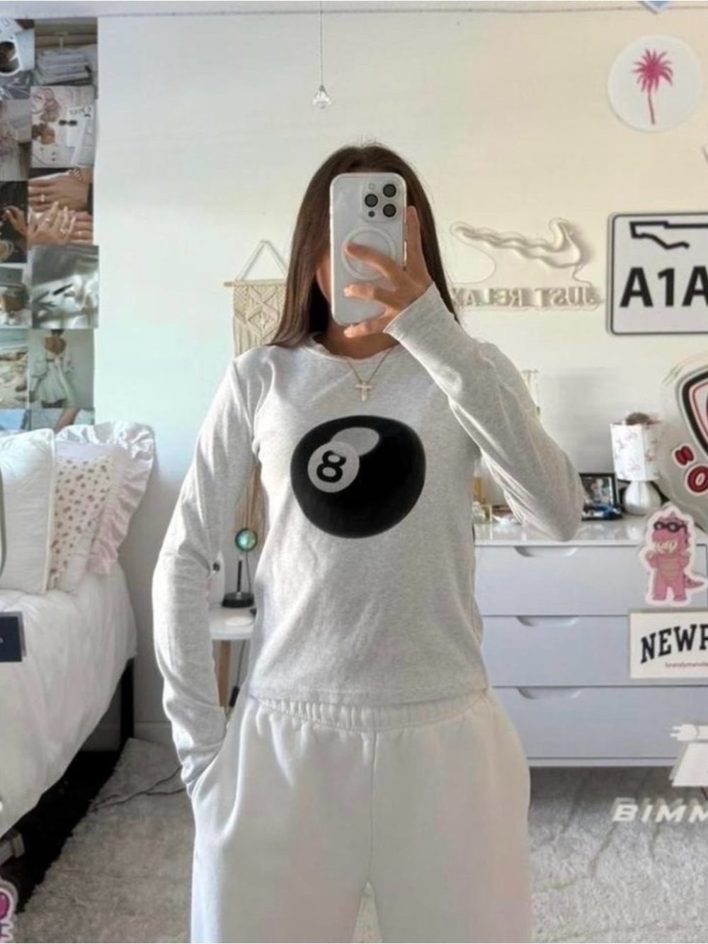 Edikted Grey 8 ball Melange Long Sleeve Tee